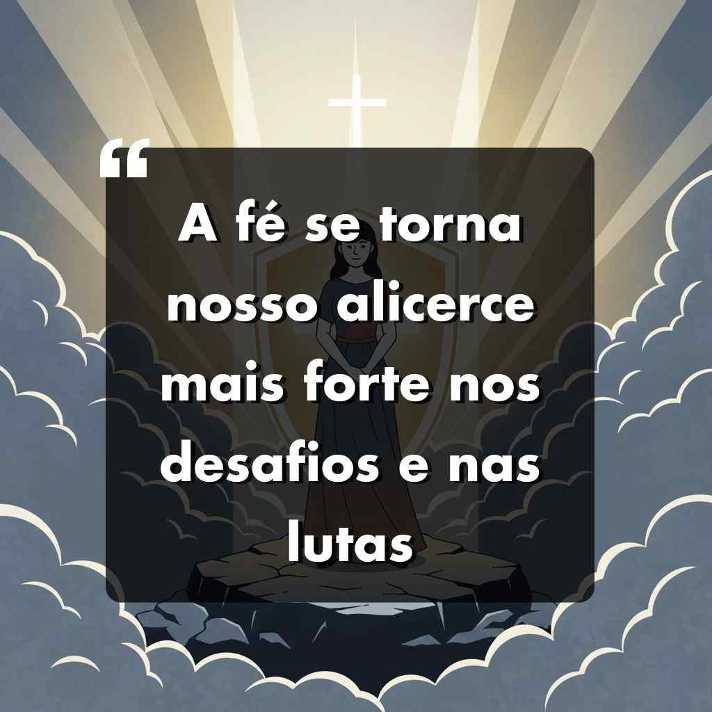 Ilustração de uma mulher em pé em uma rocha cercada por nuvens, raios de luz e uma cruz ao fundo, com a citação: A fé se torna nosso alicerce mais forte nos desafios e nas lutas em português.