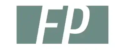 Um logotipo com as letras brancas FP em um fundo retangular verde suave - perfeito para marcar sua coleção de frases para foto sozinha.