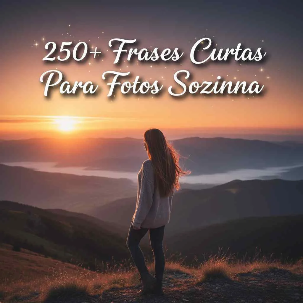 Uma mulher está sozinha no topo de uma colina, admirando um pôr do sol vibrante sobre as montanhas, com mais de 250 Frases Curtas Para Fotos Sozinha elegantemente escritas acima dela, inspirando legendas para momentos individuais.