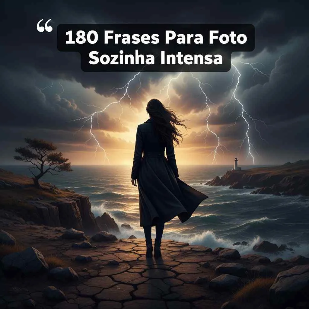 Uma mulher em um casaco escuro está em uma costa rochosa, enfrentando um mar tempestuoso com relâmpagos. O texto acima diz "180 Frases Para Foto Sozinha Intensa", perfeito para encontrar frases para foto sozinha que combinem com essa cena dramática e temperamental.