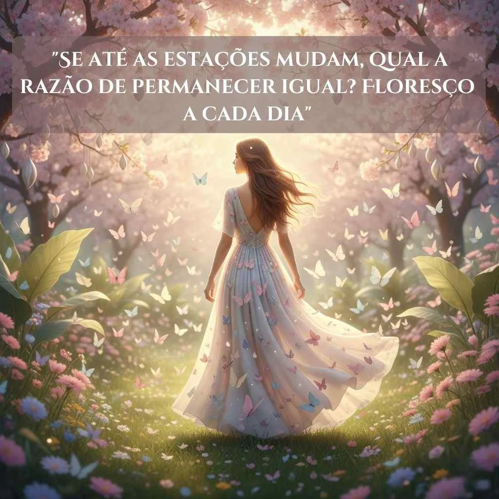 Uma mulher com um vestido esvoaçante está em um jardim iluminado pelo sol, cercada por árvores e borboletas. Pétalas de rosa suave e luz solar quente preenchem a cena. O texto sobreposto em português compartilha frases para foto sozinha, refletindo sobre mudança e crescimento pessoal.