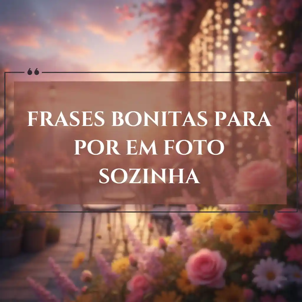 Texto em português sobre um fundo desfocado de flores e cadeiras ao pôr do sol, lendo: Frases para foto sozinha e frases bonitas para por em foto sozinha.