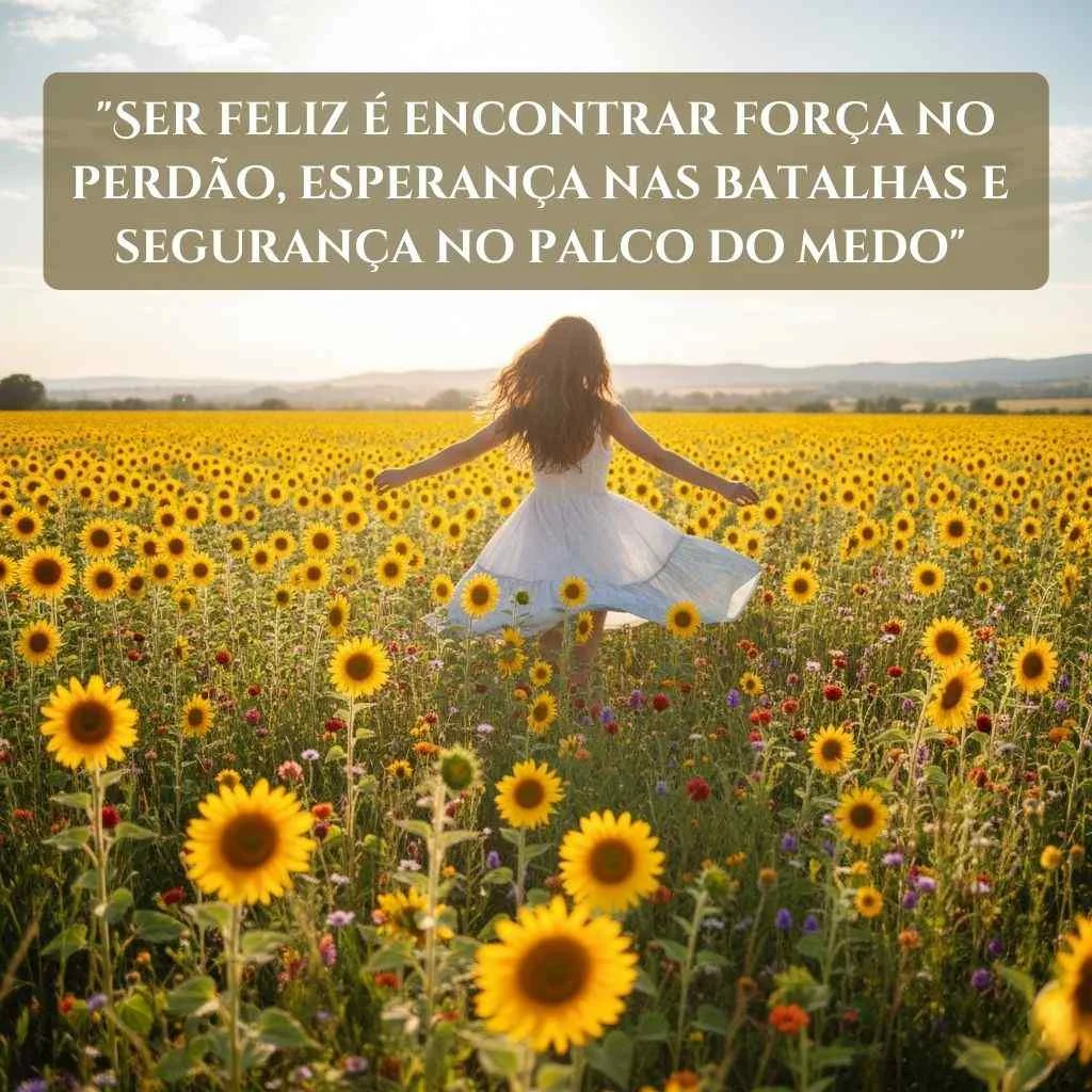 Uma mulher em um vestido branco corre por um vibrante campo de girassóis sob um céu brilhante. O texto sobreposto em português diz: Ser feliz é encontrar força no perdão, esperança nas batalhas e segurança no palco do medo-frases para foto sozinha.