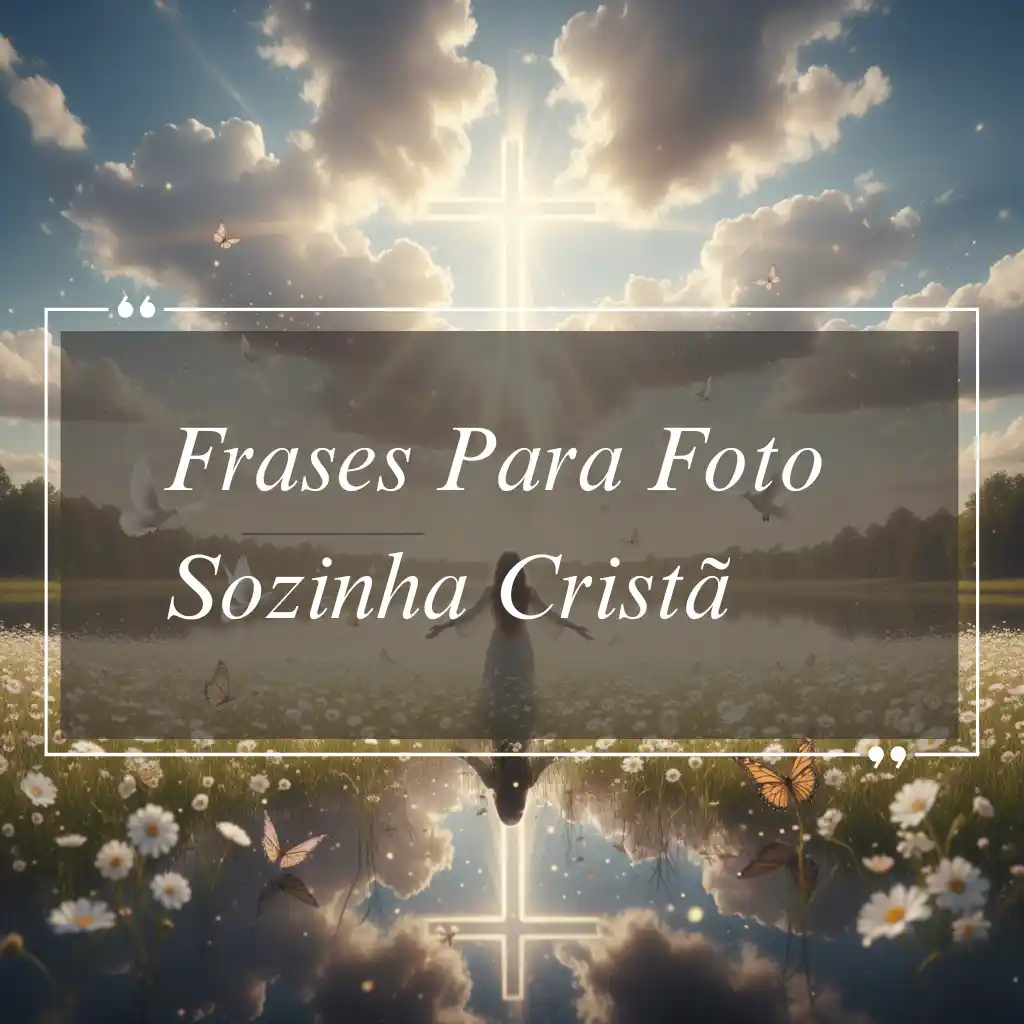 Uma cruz brilhante brilha em um céu nublado sobre um campo tranquilo de flores com borboletas. O texto em português diz: Frases Para Foto Sozinha Cristã.