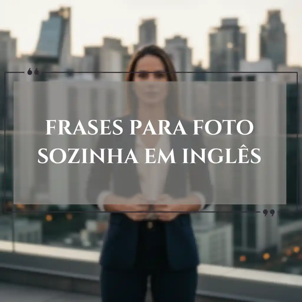 Uma mulher de terno está em um telhado com o horizonte da cidade desfocado atrás dela. O texto sobreposto em português diz: Frases para foto sozinha em inglês, perfeito para sua próxima legenda de foto solo.