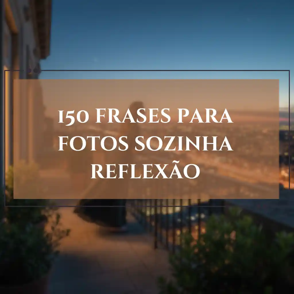 Sobreposição de texto em uma imagem borrada de uma mulher em pé em uma varanda ao anoitecer: "150 frases para foto sozinha e reflexão.