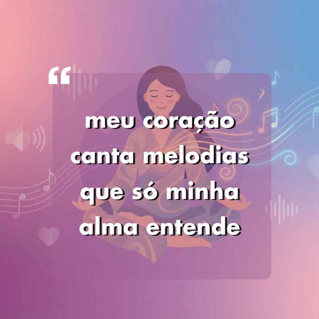 Ilustração de uma mulher meditando com notas musicais ao seu redor, em um fundo gradiente rosa e azul. O texto sobreposto em português diz: meu coração canta melodias que só minha alma entende.