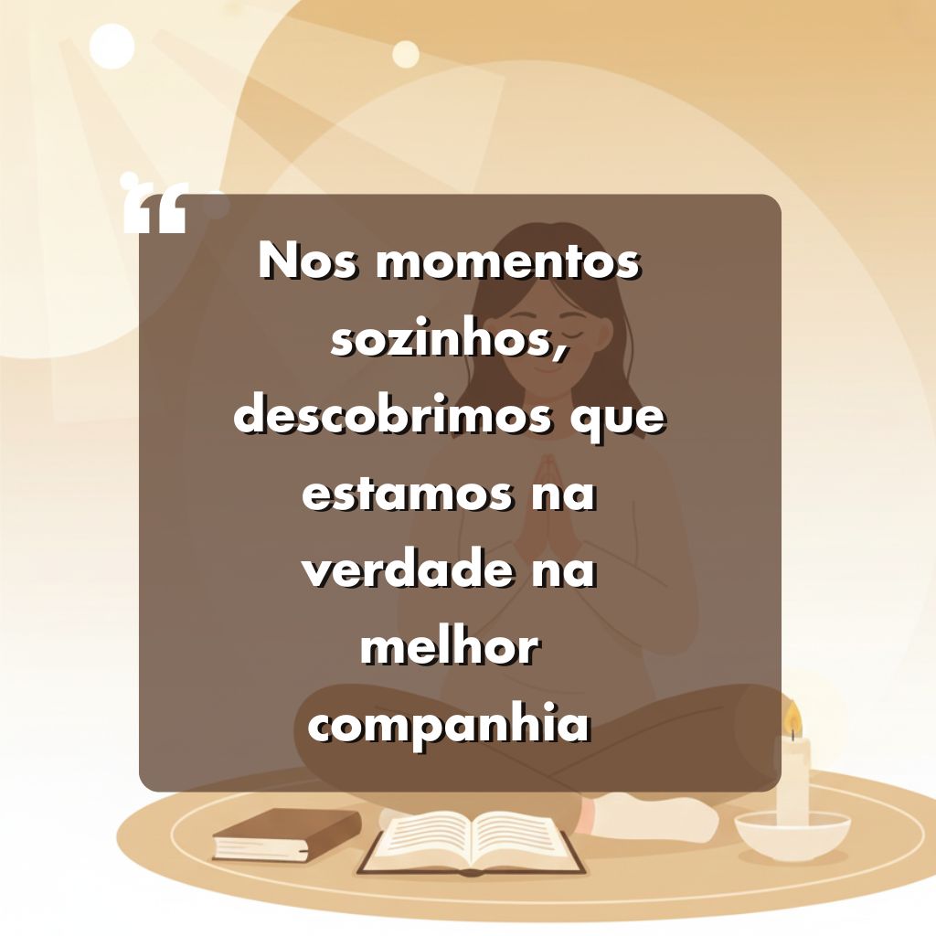 Ilustração de uma pessoa meditando em um tapete com um livro aberto e uma vela acesa por perto. Uma citação em português diz Nos momentos sozinhos, descobrimos que estamos na verdade na melhor companhia.