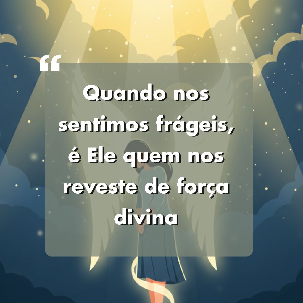 Uma pessoa com asas de anjo, iluminada por raios de luz dourados, está entre nuvens. O texto sobreposto em português diz: Quando nos sentimos frágeis, é Ele quem nos reveste de força divina.