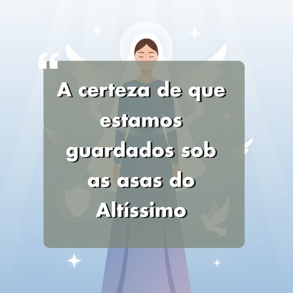 Ilustração de um anjo com uma auréola e asas, em pé atrás de uma caixa translúcida contendo o texto em português: A certeza de que estamos guardados sob as asas do Altíssimo.