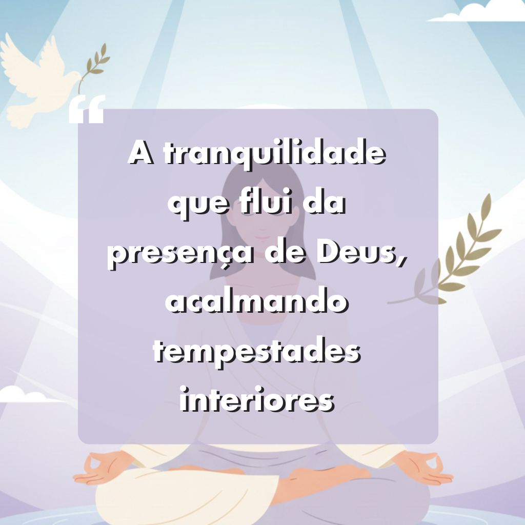 Ilustração de uma pessoa meditando com uma pomba, um ramo de oliveira e raios de luz. O texto em português diz: A tranquilidade que flui da presença de Deus, acalmando tempestades interiores.