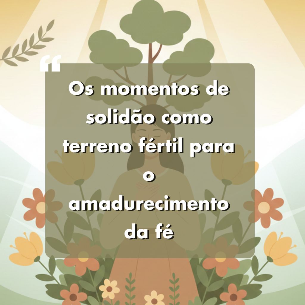 Ilustração com uma pessoa em pé entre flores e plantas, com a luz do sol brilhando atrás e uma citação em português: "Os momentos de solidão como terreno fértil para o amadurecimento da fé" em uma caixa translúcida.
