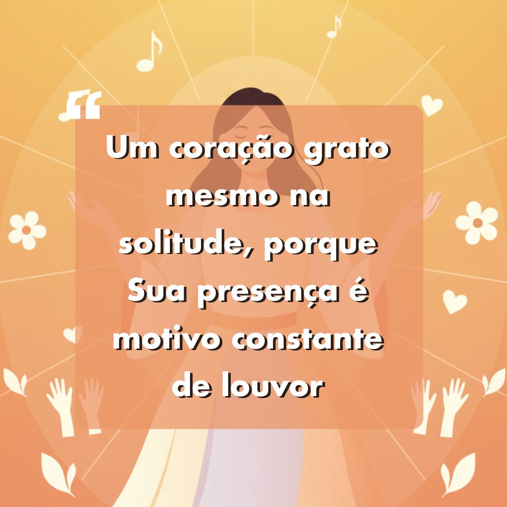 Ilustração de uma mulher de pé com as mãos levantadas, cercada por flores brancas e rostos sorridentes, com uma citação em português sobre gratidão e louvor sobreposta em um fundo laranja.