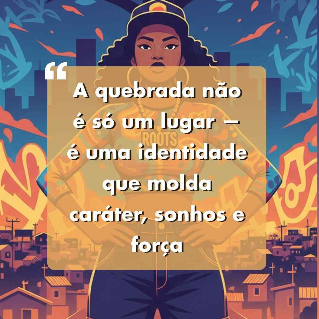 Ilustração de uma mulher confiante em pé com as mãos nos quadris, usando boné e camiseta, com prédios urbanos coloridos e grafites ao fundo. O texto sobreposto em português apresenta frases para foto sozinha maloka sobre identidade e força.