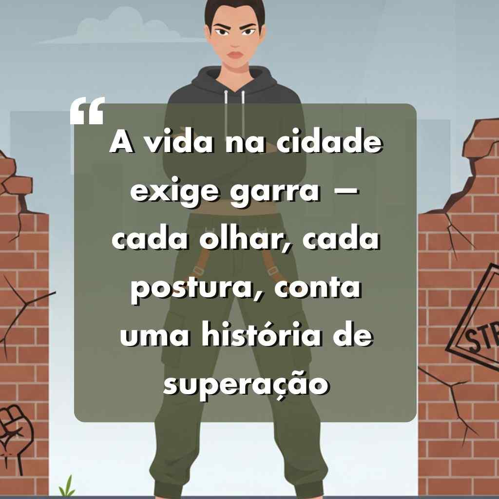 Ilustração de uma pessoa séria em frente a uma parede de tijolos quebrados, com texto em português sobreposto: A vida na cidade exige garra - frases para foto sozinha maloka, cada olhar e postura contam histórias de superação.