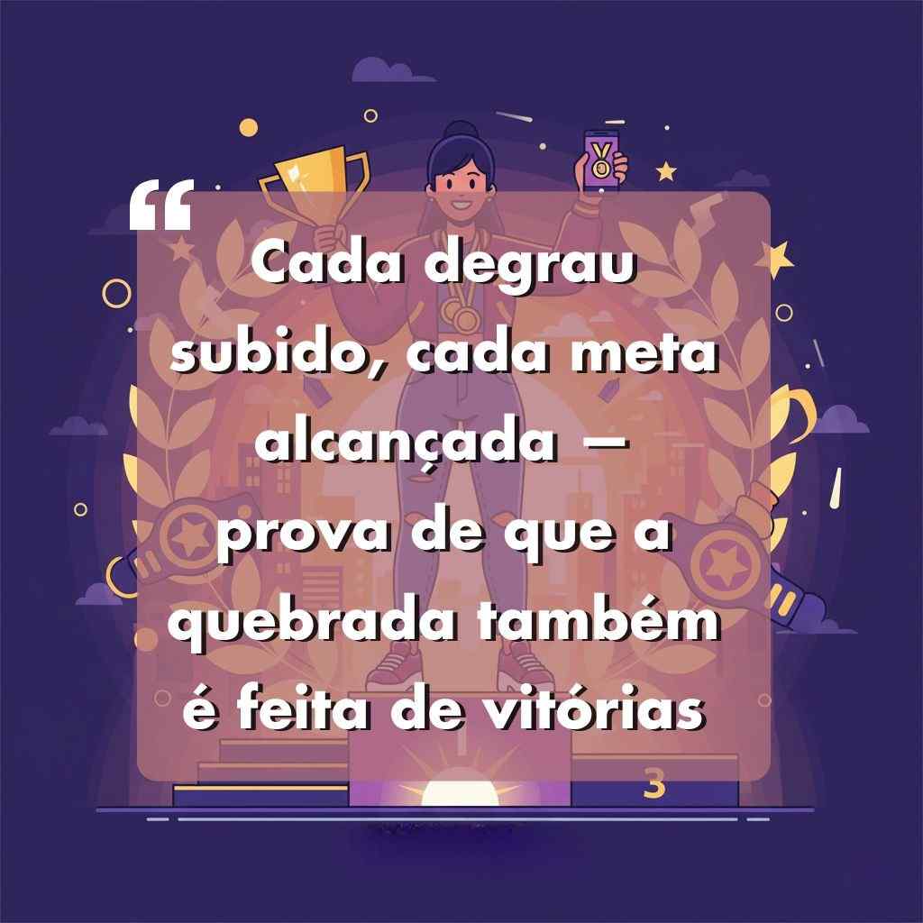 Ilustração de uma pessoa sorridente segurando um troféu e uma medalha, em pé em um pódio com estrelas e folhas de louro. Citação motivacional em português sobreposta - perfeita para quem busca frases para foto sozinha maloka com atitude e estilo.