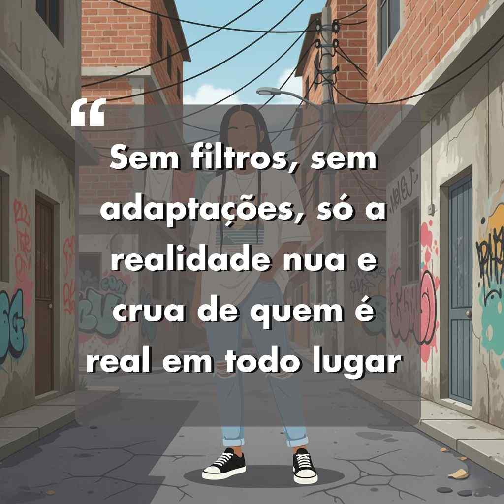 Uma pessoa está em um beco estreito, coberto de pichações, entre prédios de tijolos. Uma citação em português, perfeita para frases para foto sozinha maloka, diz: Sem filtros, sem adaptações, apenas a realidade nua e crua de quem é real em todo lugar.