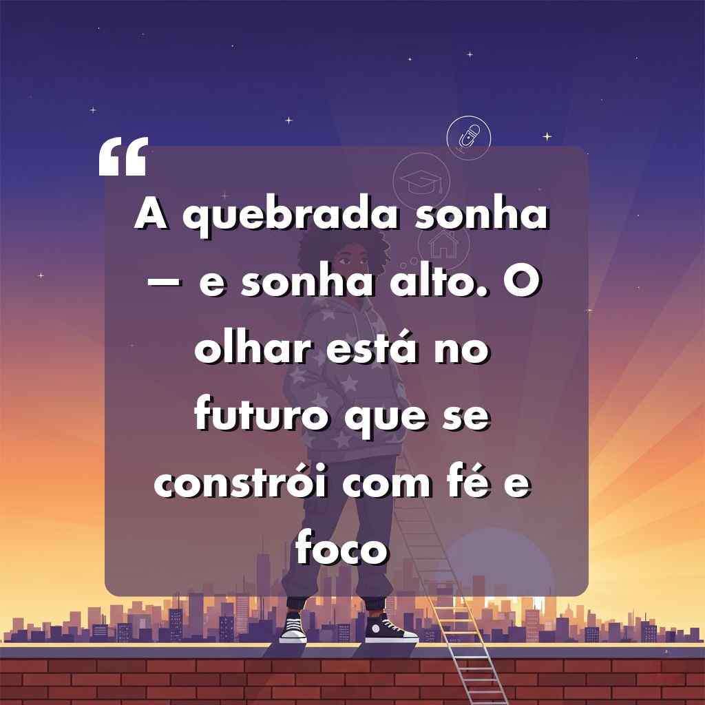 Uma pessoa em pé em um telhado ao pôr do sol com o horizonte da cidade ao fundo. O texto sobreposto em português diz: A quebrada sonha - e sonha alto. Frases para foto sozinha maloka inspiram o olhar no futuro construído com fé e foco.