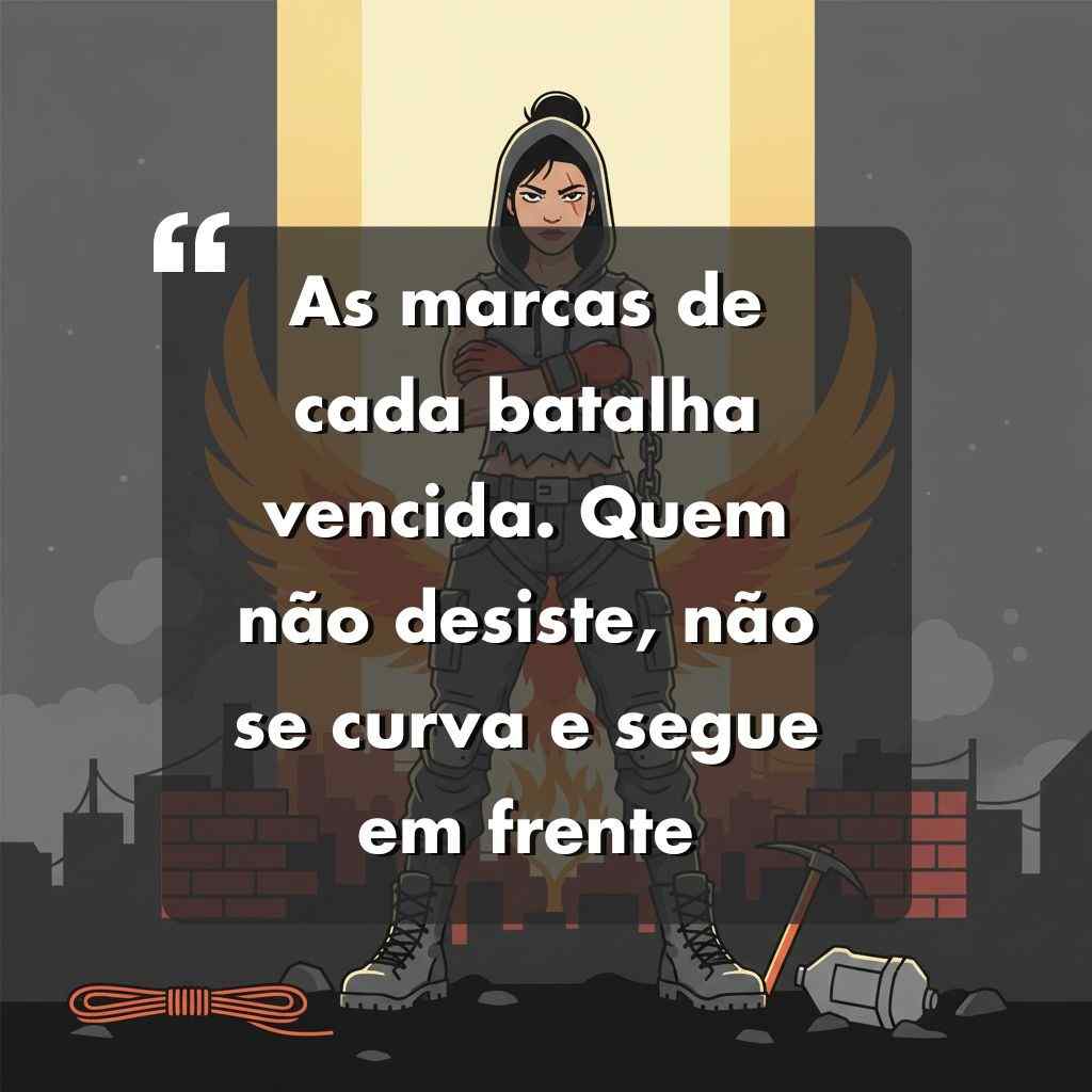 Uma mulher determinada usando um capuz se posiciona confiante, com os braços cruzados diante da silhueta de uma fênix e de uma luz amarela brilhante. Um texto em português sobrepõe-se a ela: "As marcas de cada batalha vencida..."-perfeita inspiração para frases para foto sozinha maloka.