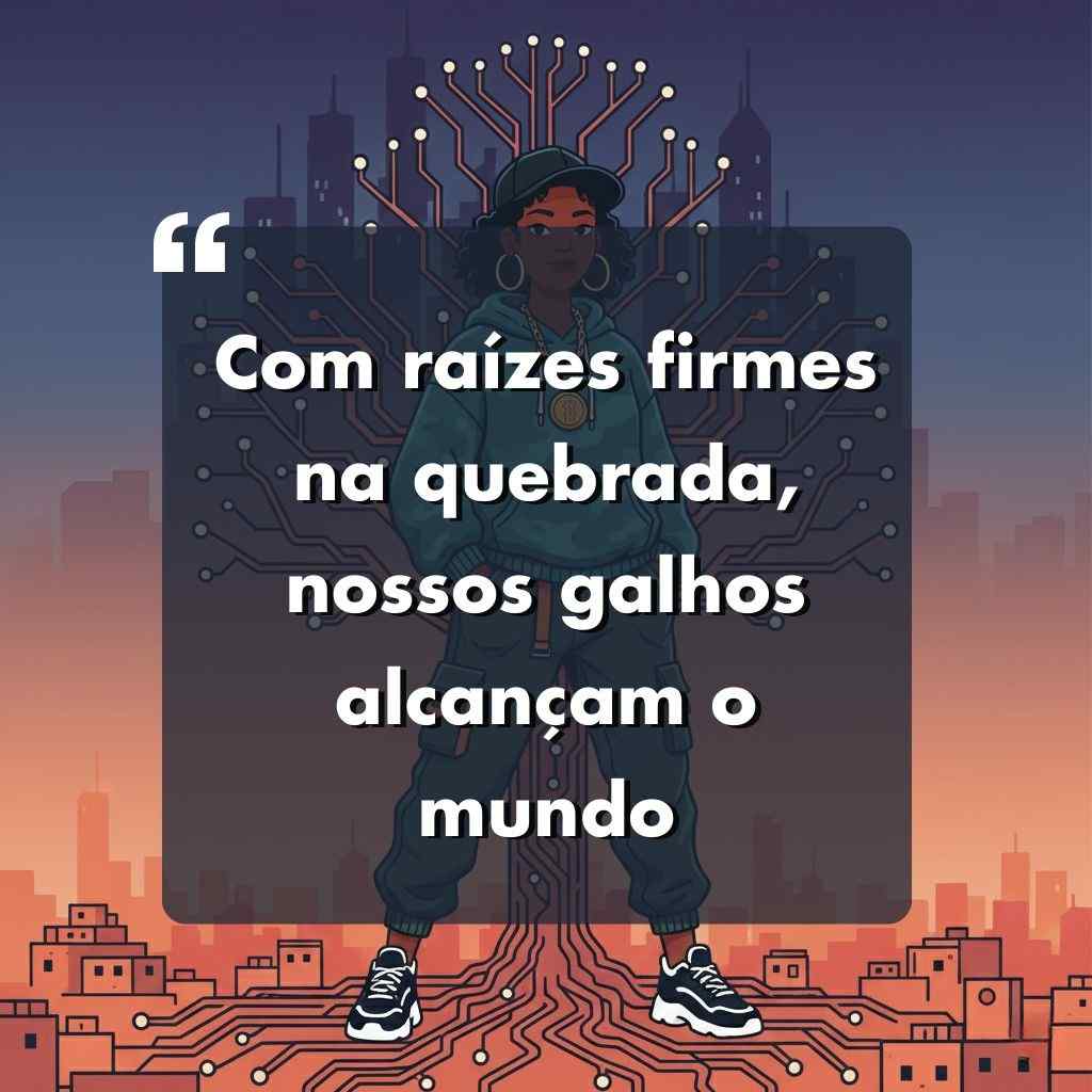 Uma jovem mulher vestindo roupas de rua se posiciona com confiança em uma paisagem urbana digital com raízes semelhantes a circuitos. O texto sobreposto em português diz: Com raízes firmes na quebrada, nossos galhos alcançam o mundo-frases para foto sozinha maloka.