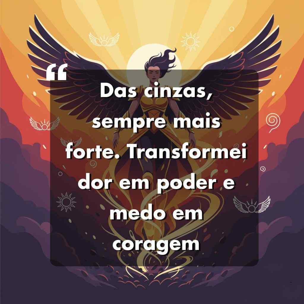 Ilustração de uma mulher poderosa com asas negras e luz brilhante atrás dela, em um céu dramático. O texto sobreposto em português diz: "Das cinzas, sempre mais forte. Transformei dor em poder e medo em coragem.".