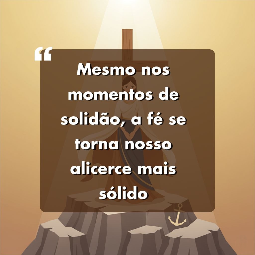 Ilustração de uma pessoa sentada em uma rocha com uma cruz atrás dela, cercada por uma luz quente. O texto em português diz: Mesmo nos momentos de solidão, a fé se torna nosso alicerce mais sólido.