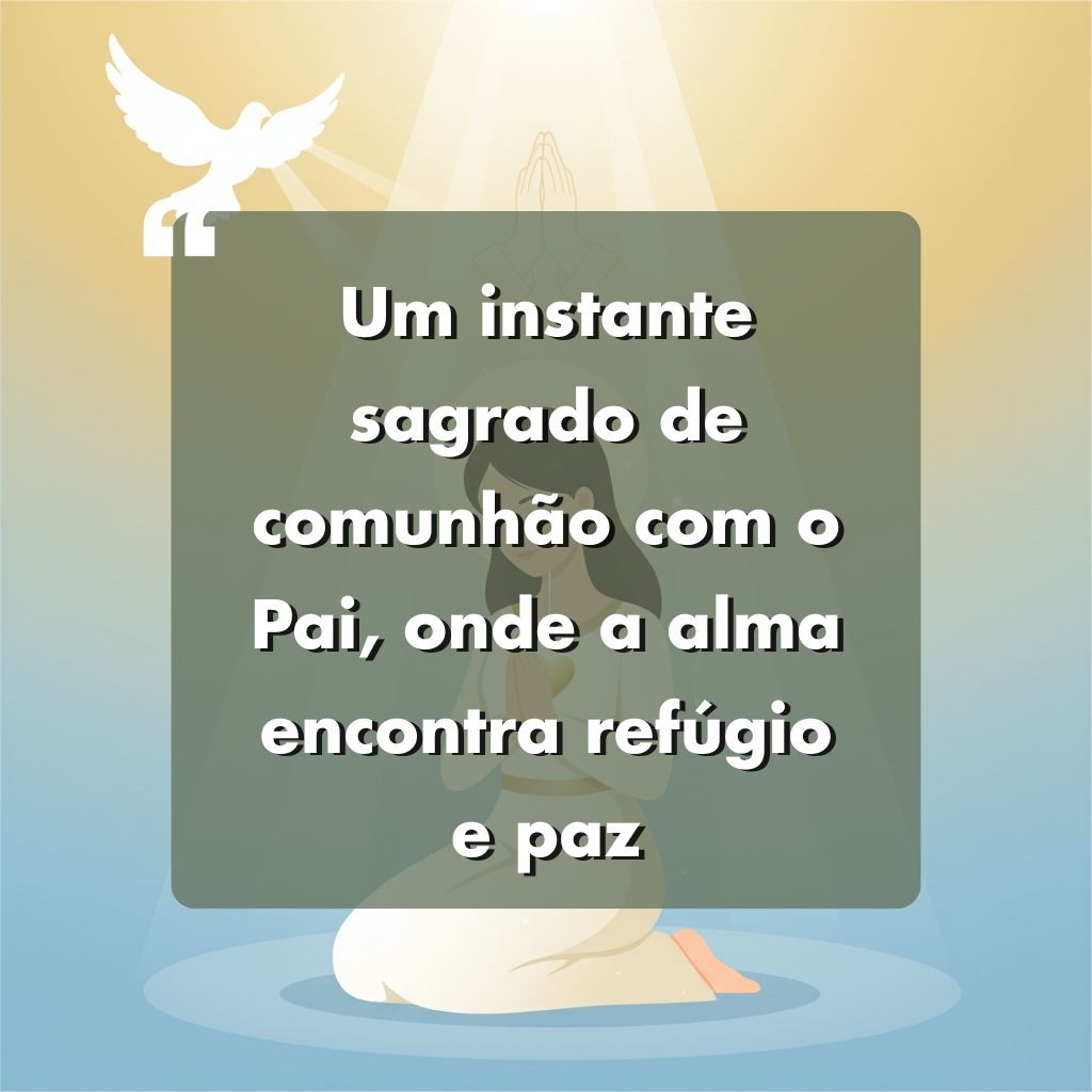 Ilustração de uma pessoa sentada de pernas cruzadas em meditação, com as mãos em oração, com uma pomba e feixes de luz acima. Sobreposições de texto em português: Um instante sagrado de comunhão com o Pai, onde a alma encontra refúgio e paz.