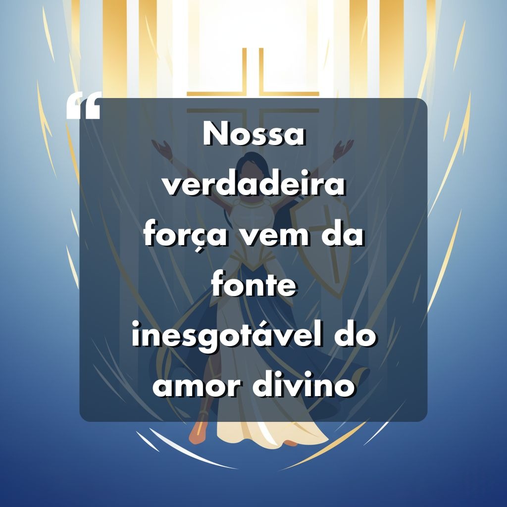 Uma cruz brilhante brilha acima de uma pessoa com os braços estendidos, cercada por uma luz dourada radiante. O texto sobreposto em português diz: Nossa verdadeira força vem da fonte inesgotável do amor divino.