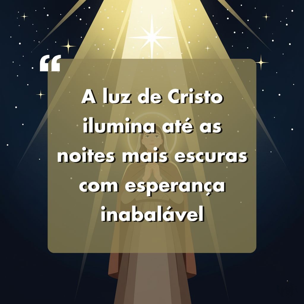 Ilustração de uma mulher em pé sob uma luz brilhante e radiante com estrelas ao fundo. O texto em português diz: A luz de Cristo ilumina até as noites mais escuras com esperança inabalável.