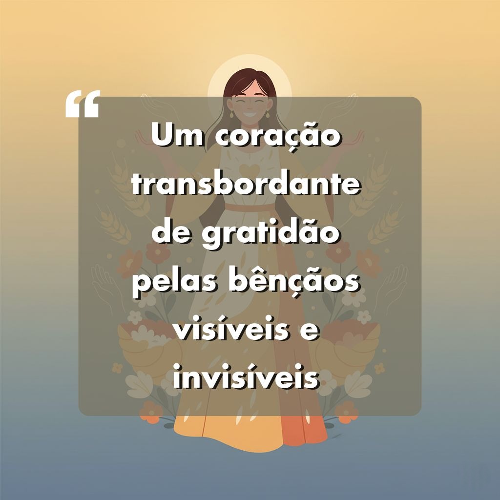 Ilustração de uma mulher sorridente com flores e frutas atrás dela, cercada por um brilho quente. O texto sobreposto em português diz: "Um coração transbordante de gratidão pelas bênçãos visíveis e invisíveis.".