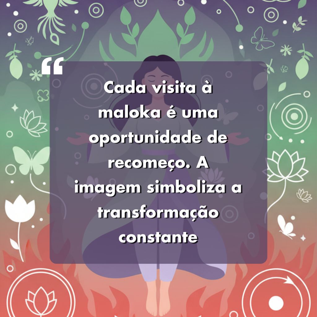 Uma ilustração estilizada de uma pessoa meditando cercada por plantas abstratas, lótus e fogo. O texto centralizado em português diz: Cada visita à maloka é uma oportunidade de recomeço-perfeita para quem busca frases para foto sozinha triste.