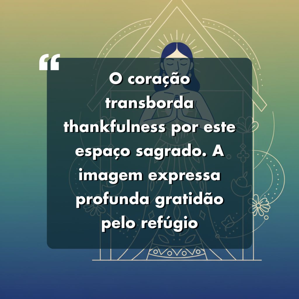 Texto em português sobre fundo ilustrado de uma figura serena com mãos ao coração: "O coração transborda gratidão por este espaço sagrado. Perfeita inspiração para frases para foto sozinha triste, expressando gratidão e refúgio.