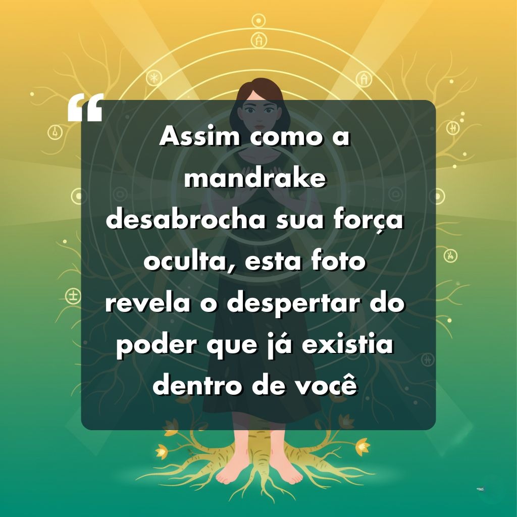 Ilustração de uma mulher de pé com os olhos fechados, cercada por raízes brilhantes e símbolos místicos, com uma citação inspiradora em português sobreposta em um fundo gradiente verde e amarelo.