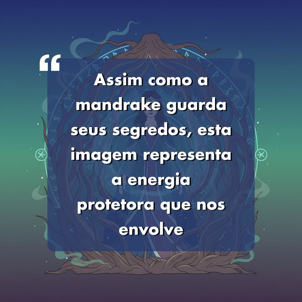 Ilustração digital de uma árvore com raízes expostas em um fundo gradiente verde-azul, sobreposta a uma citação em português sobre mandrágora e energia protetora em texto branco dentro de uma caixa azul translúcida.