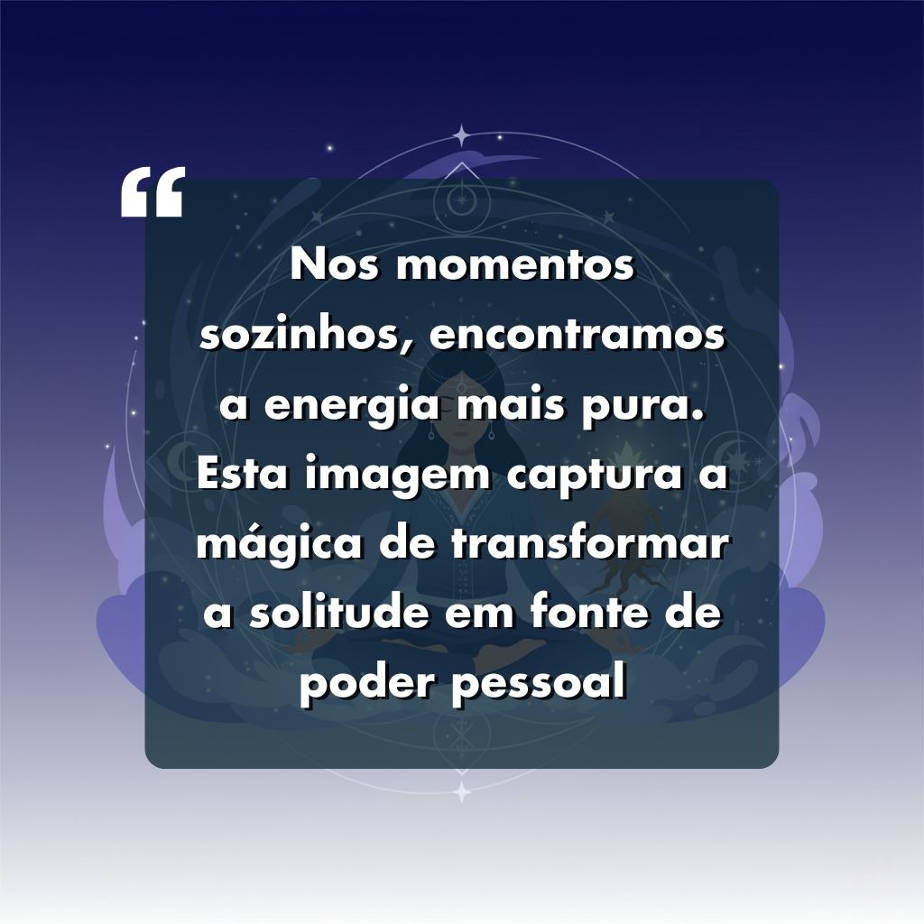 Uma citação em português em um fundo azul gradiente com símbolos místicos diz: Nos momentos sozinhos, encontramos a energia mais pura. Esta imagem captura a mágica de transformar a solidão em fonte de poder pessoal.