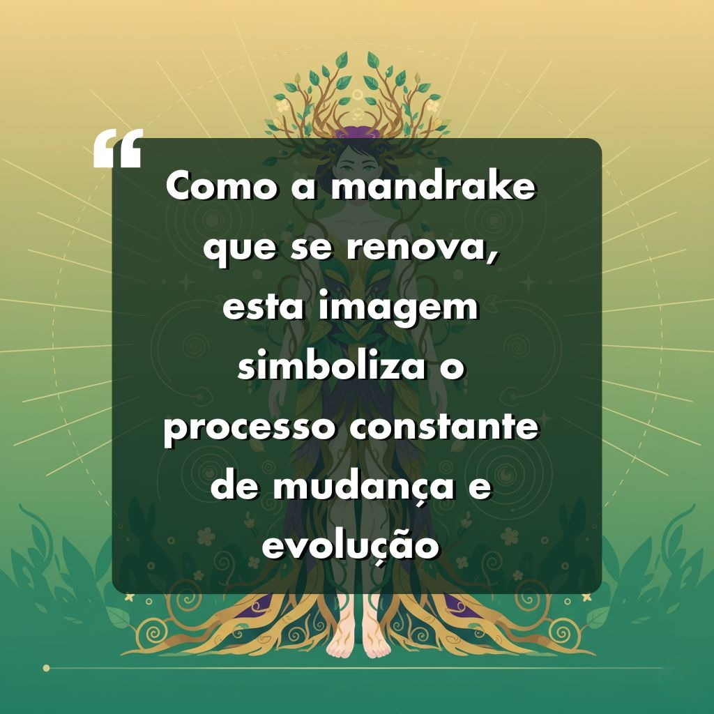 Uma ilustração mística de uma planta mandrágora com uma figura humana, cercada por folhagem, e uma citação em português sobre renovação, mudança e evolução exibida em uma caixa de texto verde-escura no centro.