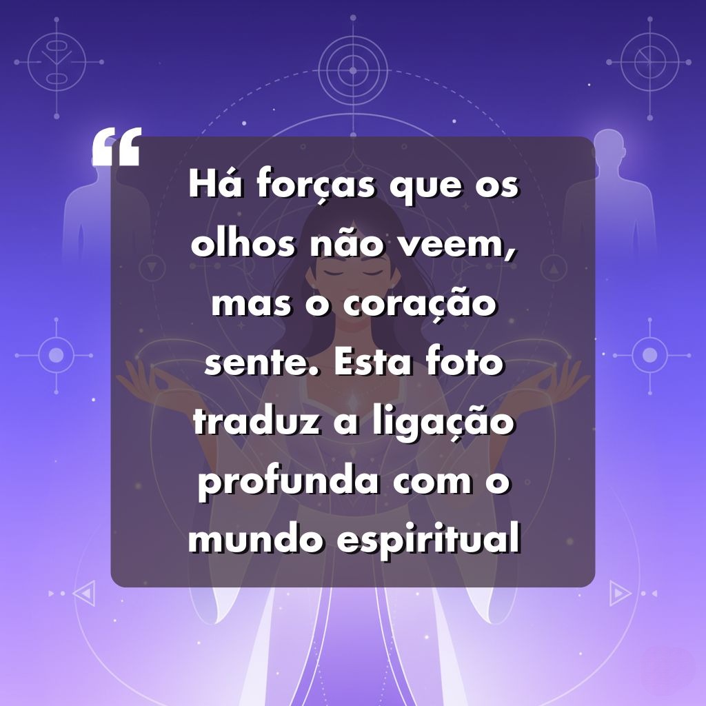 Ilustração de uma pessoa meditando com luzes e símbolos espirituais ao fundo, acompanhada do texto: Há forças que os olhos não veem, mas o coração sente. Essa foto traduz a ligação profunda com o mundo espiritual.