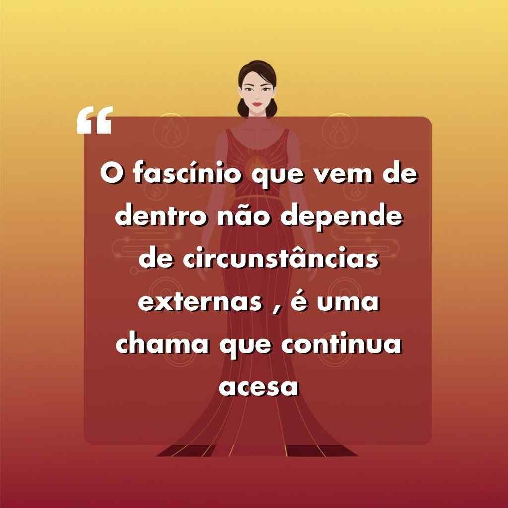 Ilustração de uma mulher em um vestido vermelho em um fundo gradiente de amarelo para vermelho, com uma citação em português sobre o fascínio interior ser uma chama eterna - perfeita para quem busca Frases Para Foto Sozinha Sexy com vibrações fortalecedoras.
