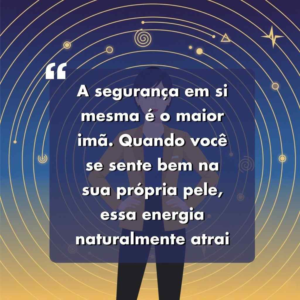 Pessoa de pé, vista apenas da cintura para baixo, em frente a um fundo azul com círculos concêntricos dourados e estrelas. Sobreposto, há frases para foto sozinha sexy em português sobre autoconfiança e energia positiva.
