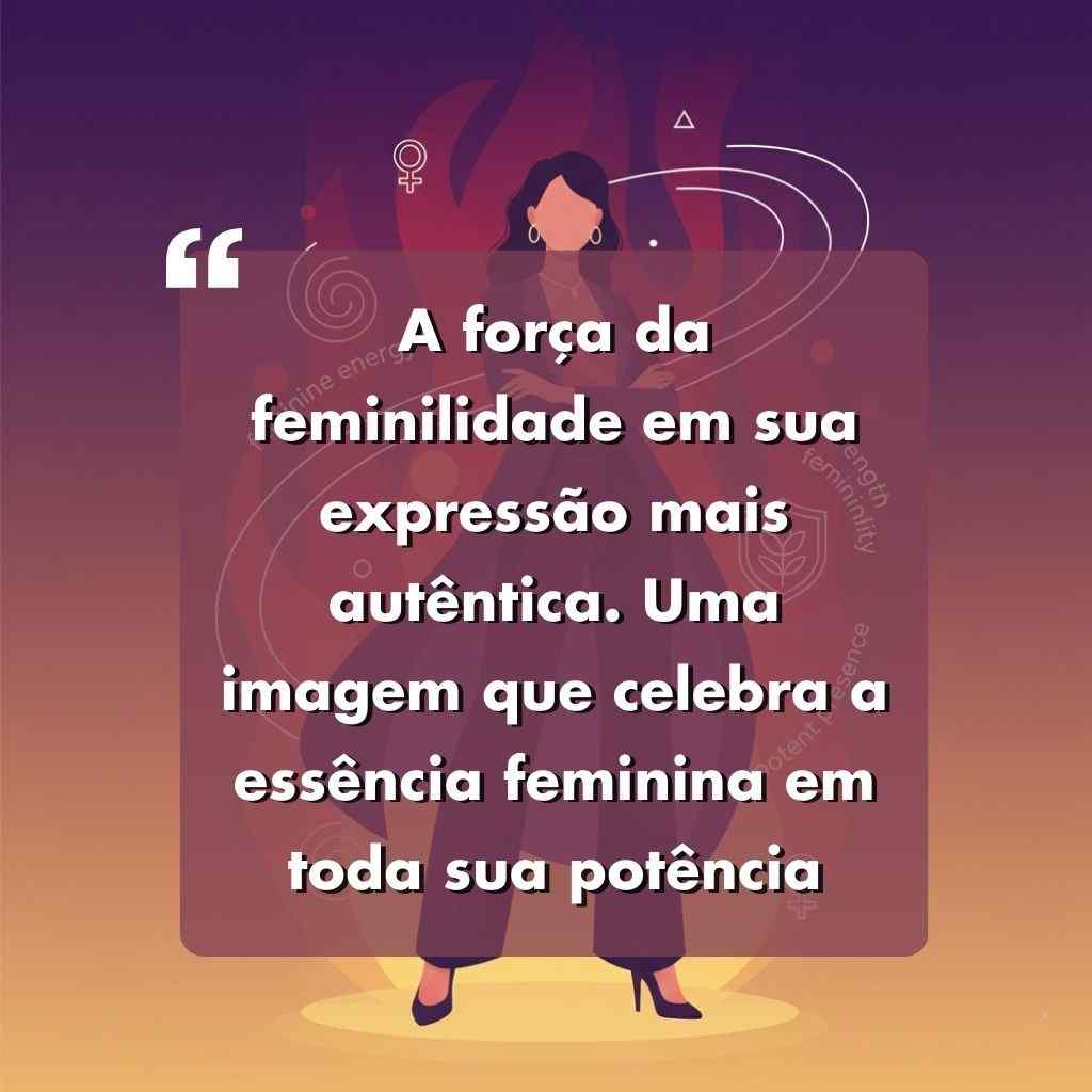 Ilustração de uma mulher em pé, confiante, com formas abstratas e símbolos femininos ao fundo. A sobreposição de texto em português celebra a essência feminina e o empoderamento. Os tons quentes criam uma atmosfera poderosa e edificante.