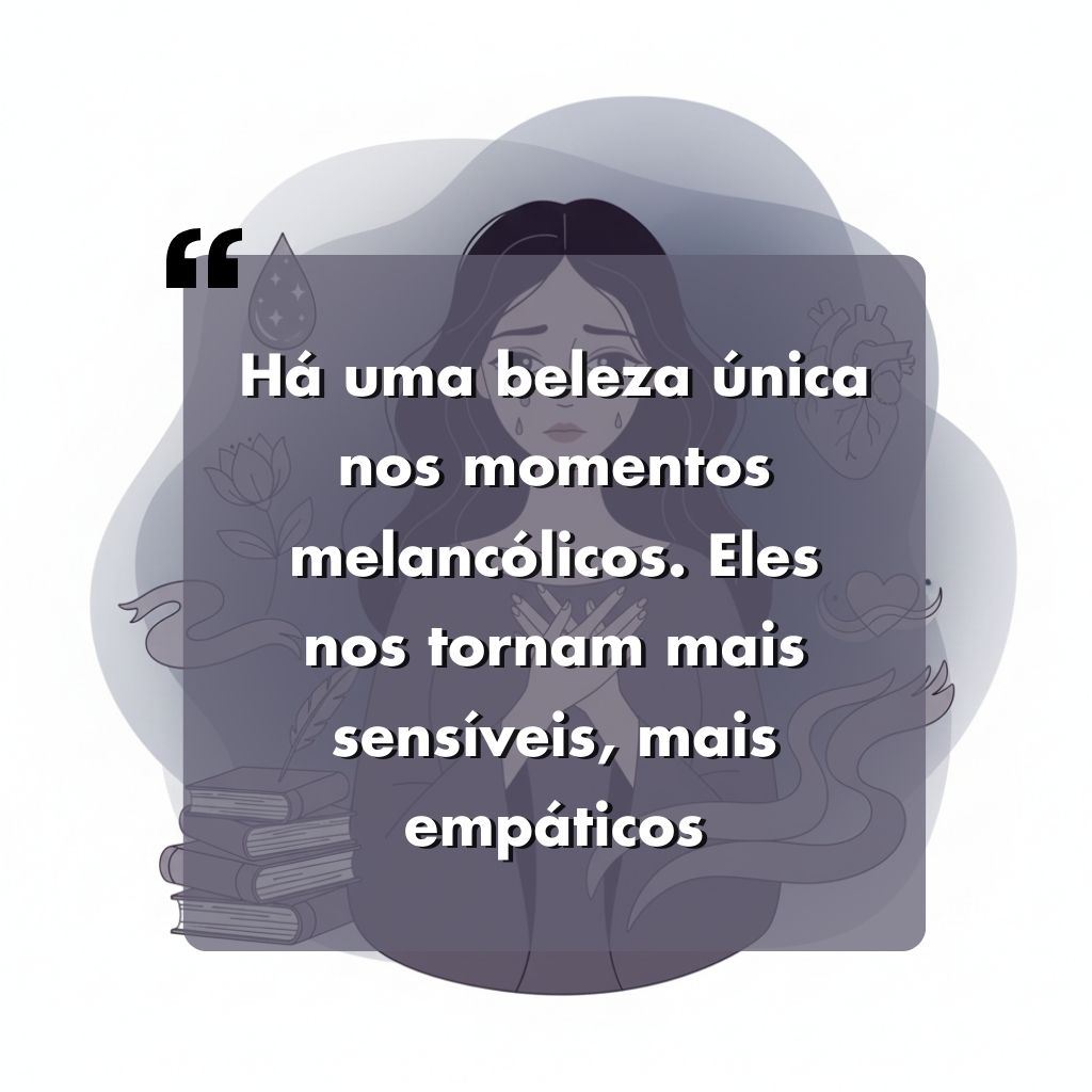 Ilustração de uma mulher triste com os olhos fechados, cercada por símbolos desenhados como um livro, um coração, uma flor e notas musicais. O texto sobreposto em português diz Há uma beleza única nos momentos melancólicos...