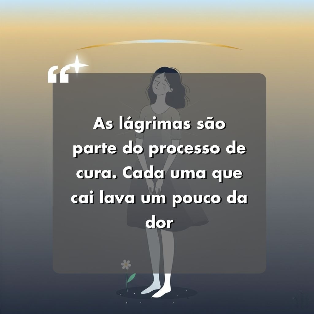 Ilustração de uma mulher de olhos fechados em pé, com lágrimas caindo no chão, com um gradiente de fundo e uma citação: As lágrimas são parte do processo de cura. Cada uma que cai lava um pouco da dor.